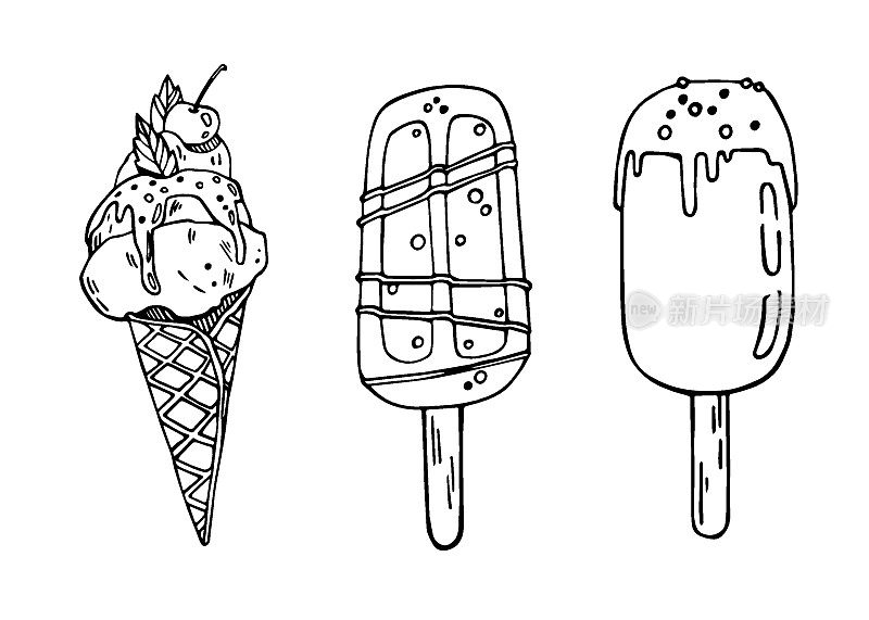 Ice cream set. Waffle cone, popsicle on a stick with modern decoration. Sketch vector illustration in doodle style for cafe menu, t-shirt print.